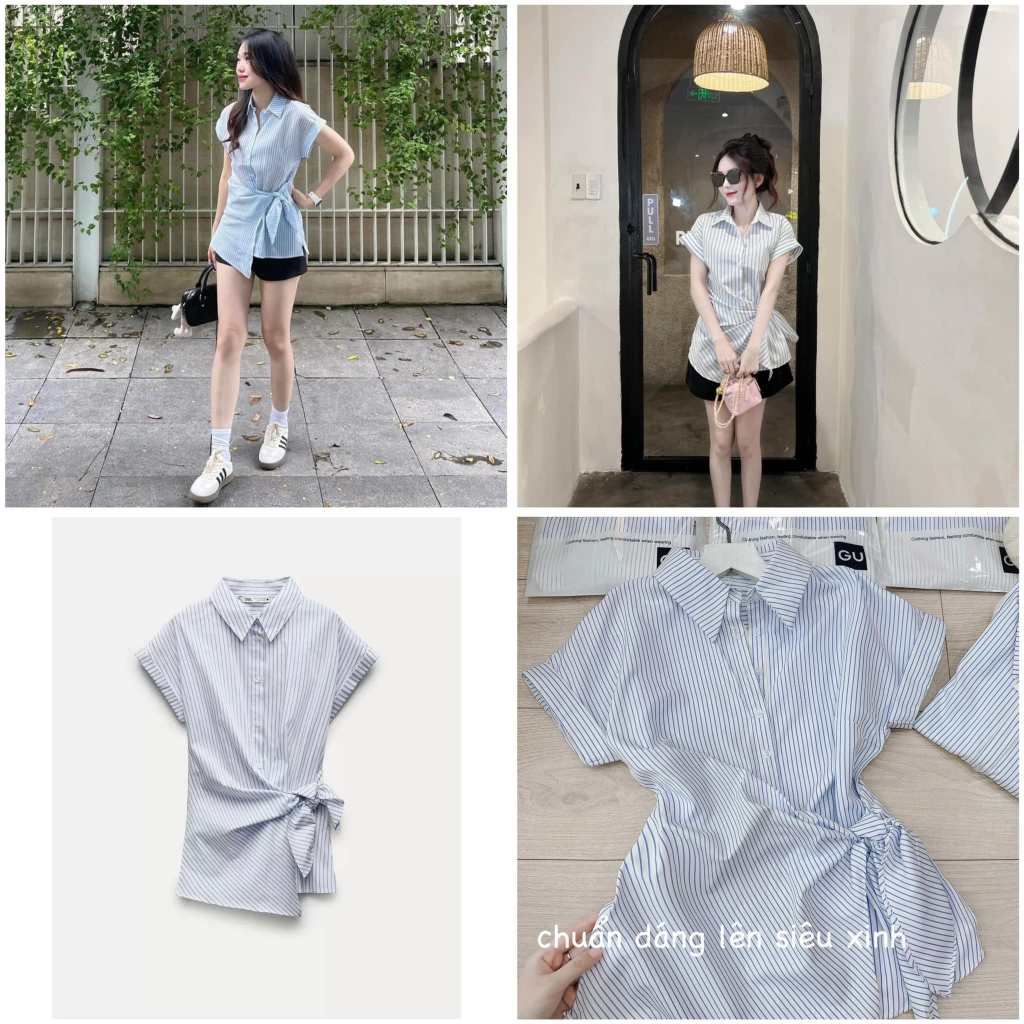 Áo sơ mi nữ kẻ sọc xanh thắt nơ lệch eo Jumito, sơ mi nữ cổ V phong cách thời trang công sở D1806