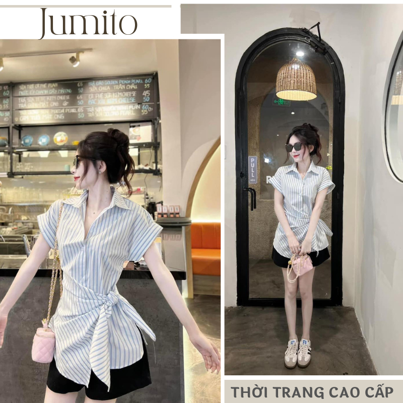 Áo sơ mi nữ kẻ sọc xanh thắt nơ lệch eo Jumito, sơ mi nữ cổ V phong cách thời trang công sở D1806