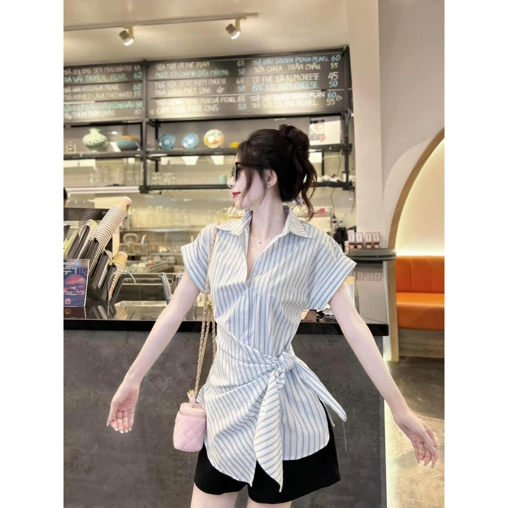 Áo sơ mi nữ kẻ sọc xanh thắt nơ lệch eo Jumito, sơ mi nữ cổ V phong cách thời trang công sở D1806