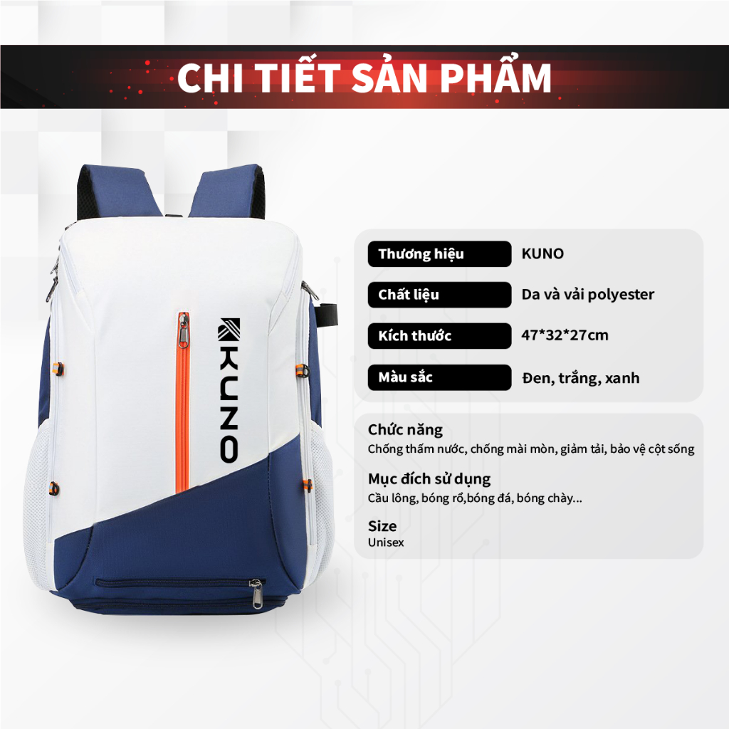 Ảnh Balo thể thao Kuno cải tiến mới, sử dụng thể thao cầu lông, tennis, bóng rổ, thời trang đa năng chống thấm nước - BN03 2