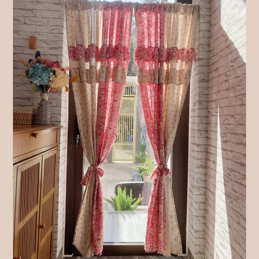 Rèm cửa vintage decor vải canvas hoa phối chấm bi màn che cửa sổ viền ...