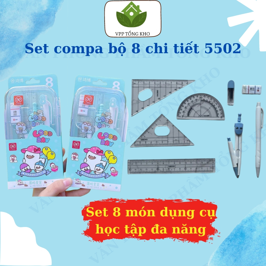Bộ Compa 8 chi tiết 5502, bộ thước kẻ Compa, thước đo độ, eke cho học ...