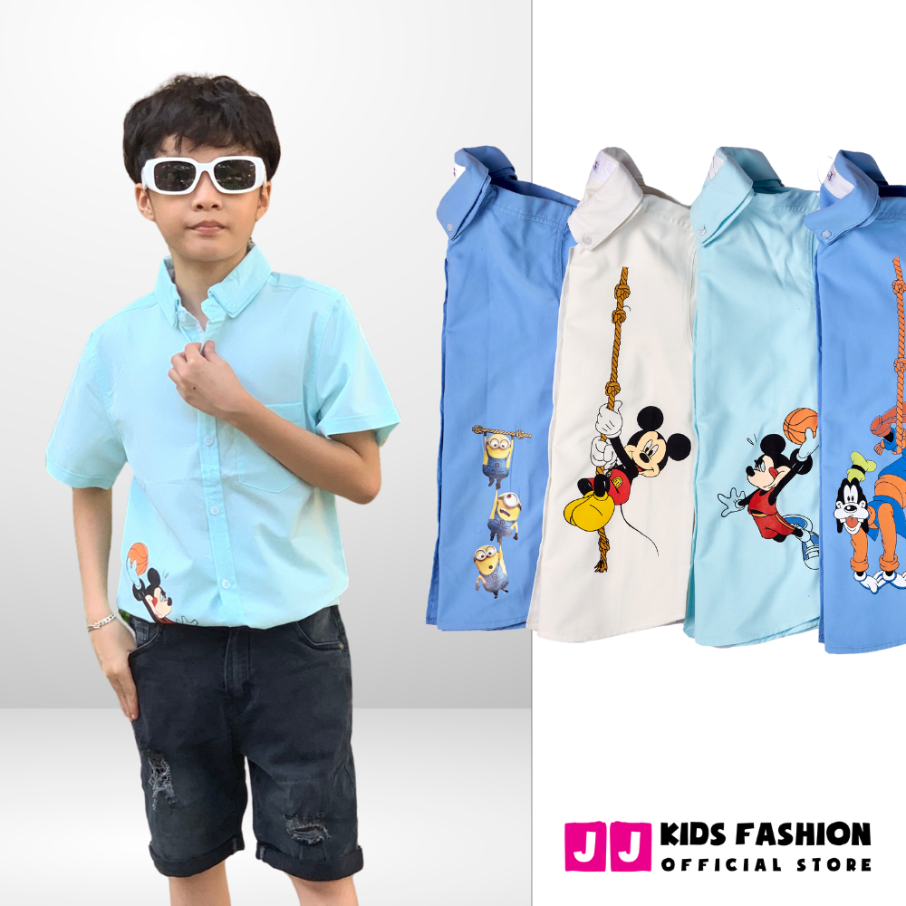 Áo sơ mi cho bé trai, áo sơ mi bé trai cách điệu 2 lá cổ ngắn tay in hình hoạt hình - JJ Kids