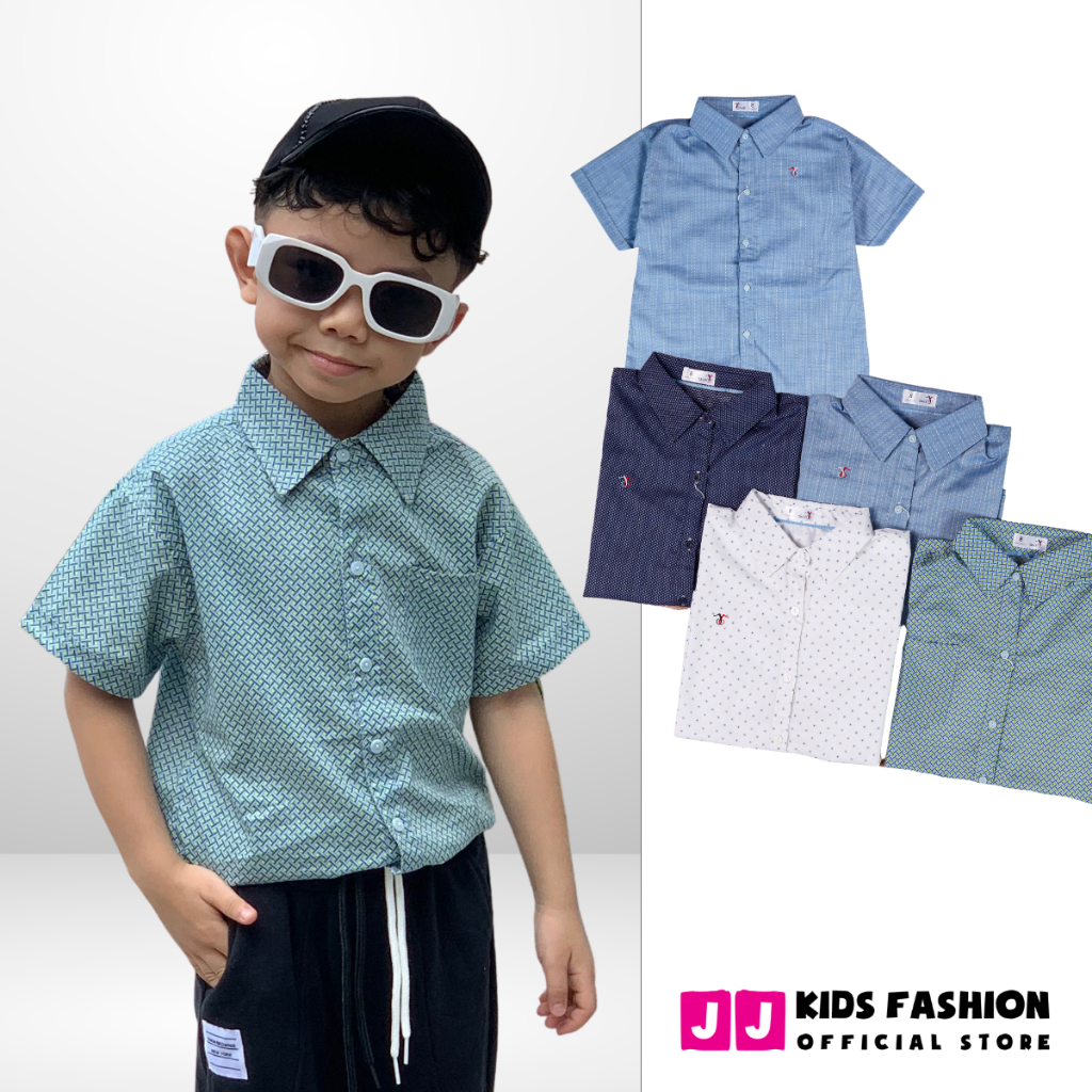 Áo sơ mi cho bé trai, áo sơ mi bé trai ngắn tay cổ trụ họa tiết phong cách Hàn Quốc - JJ Kids