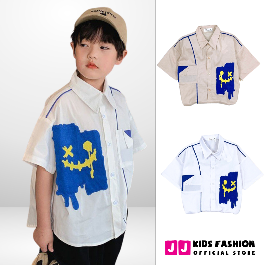 Áo sơ mi cho bé trai ngắn tay thêu đắp Happy Face thời trang hàn quốc - JJ Kids