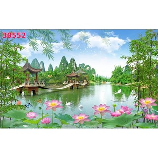 Tranh hoa sen, tranh hồ sen, tranh phong cảnh 3D dán tường in trên chất liệu vải lụa (shop tặng kèm keo dán)