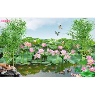 Tranh hoa sen, tranh hồ sen, tranh phong cảnh 3D dán tường in trên chất liệu vải lụa (shop tặng kèm keo dán)