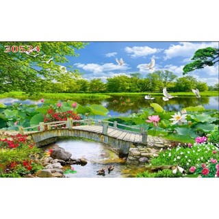 Tranh hoa sen, tranh hồ sen, tranh phong cảnh 3D dán tường in trên chất liệu vải lụa (shop tặng kèm keo dán)