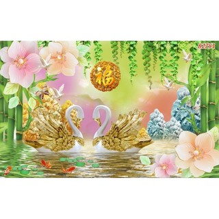 Tranh chim thiên nga trang trí phòng ngủ, tranh dán spa, tranh 3D dán tường in trên chất liệu vải lụa (tặng kèm keo dán)