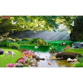 Tranh phong cảnh 3D dán tường phòng khách, phòng làm việc, nhà hàng; tranh in trên chất liệu vải lụa (tặng kèm keo dán)