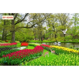 Tranh phong cảnh 3D dán tường phòng khách, phòng làm việc, nhà hàng; tranh in trên chất liệu vải lụa (tặng kèm keo dán)