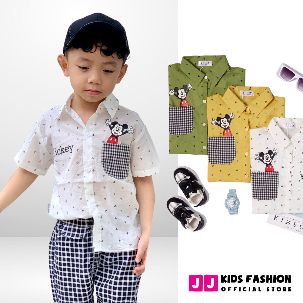 Áo sơ mi cho bé trai ngắn tay in Mickey phong cách thời trang Hàn Quốc - JJ Kids