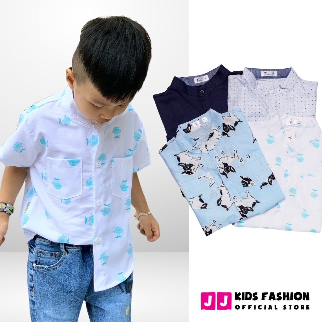 Áo sơ mi cho bé trai ngắn tay cổ trụ họa tiết phong cách Hàn Quốc - JJ Kids