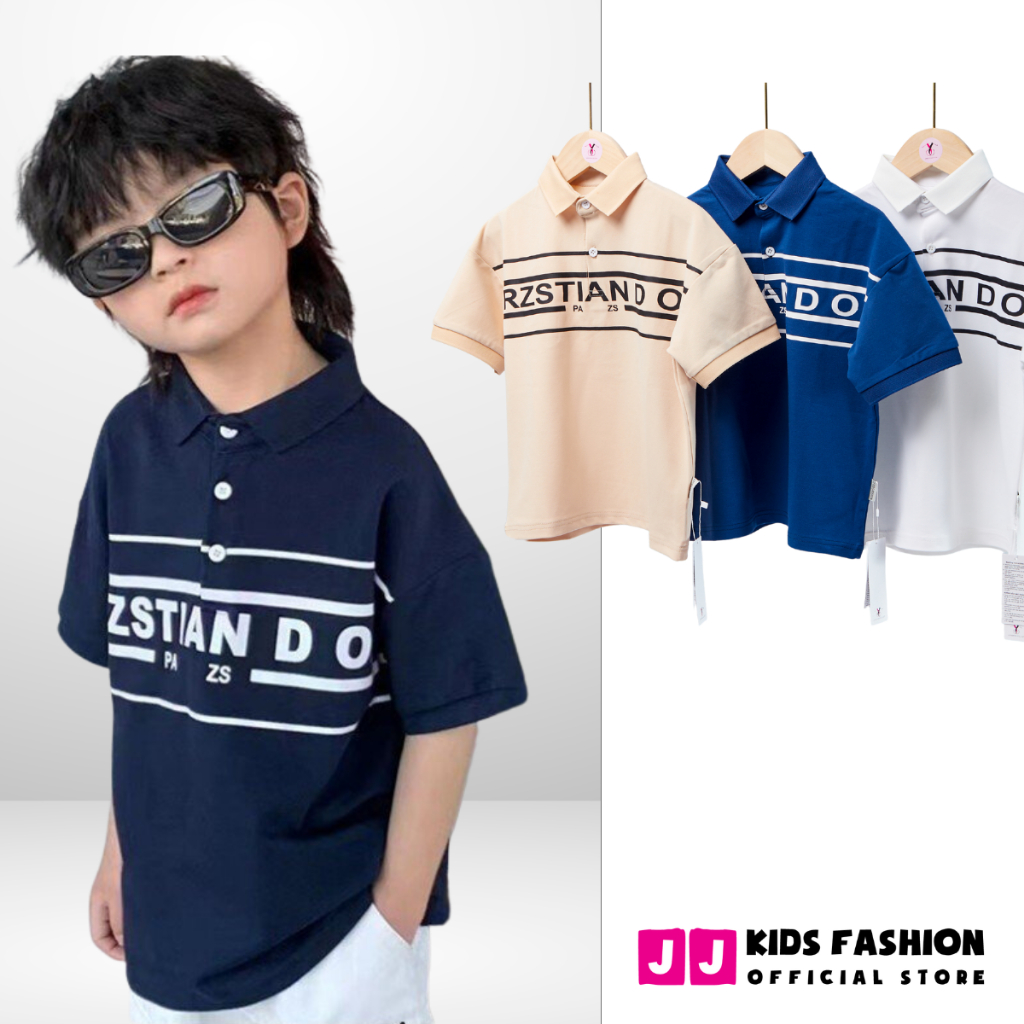 Áo thun polo cho bé trai cộc tay có cổ in chữ full size 4 - 15 tuổi 22kg đến 43kg JJ Kids Fashion