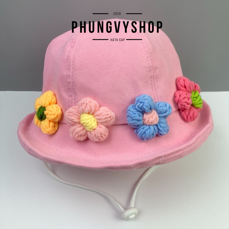 BéTrên4Tuổi, Mũ bucket tai bèo vành bé gái phungvyshop- Nón trẻ em / Bo Lật Múi Viền Hoa Len/
