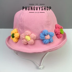 BéTrên4Tuổi, Mũ bucket tai bèo vành bé gái phungvyshop- Nón trẻ em / Bo Lật Múi Viền Hoa Len/