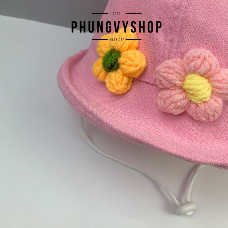 BéTrên4Tuổi, Mũ bucket tai bèo vành bé gái phungvyshop- Nón trẻ em / Bo Lật Múi Viền Hoa Len/
