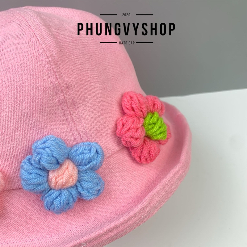 BéTrên4Tuổi, Mũ bucket tai bèo vành bé gái phungvyshop- Nón trẻ em / Bo Lật Múi Viền Hoa Len/