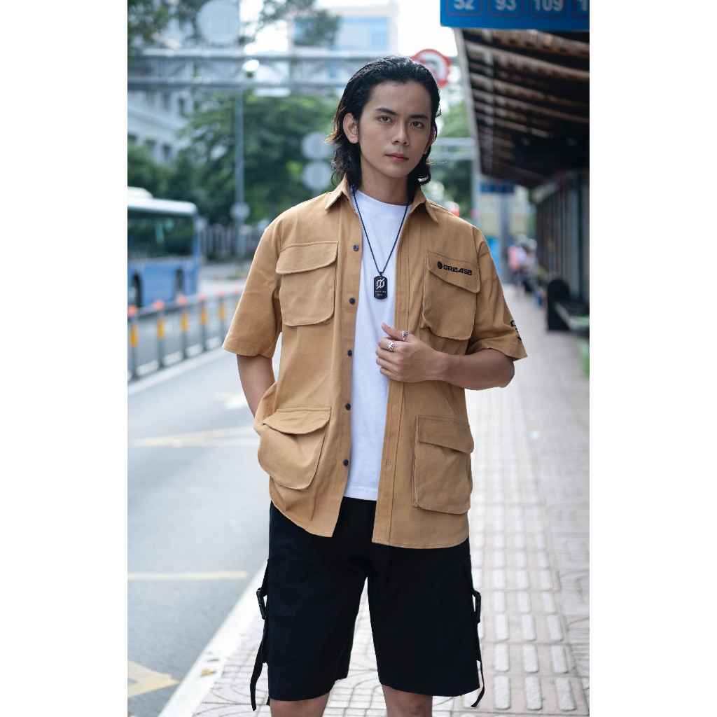 Áo Sơ Mi Nam Nữ Unisex Form To Oversized Kaki Hình Thêu Robot Grease & Crocodile Rogue