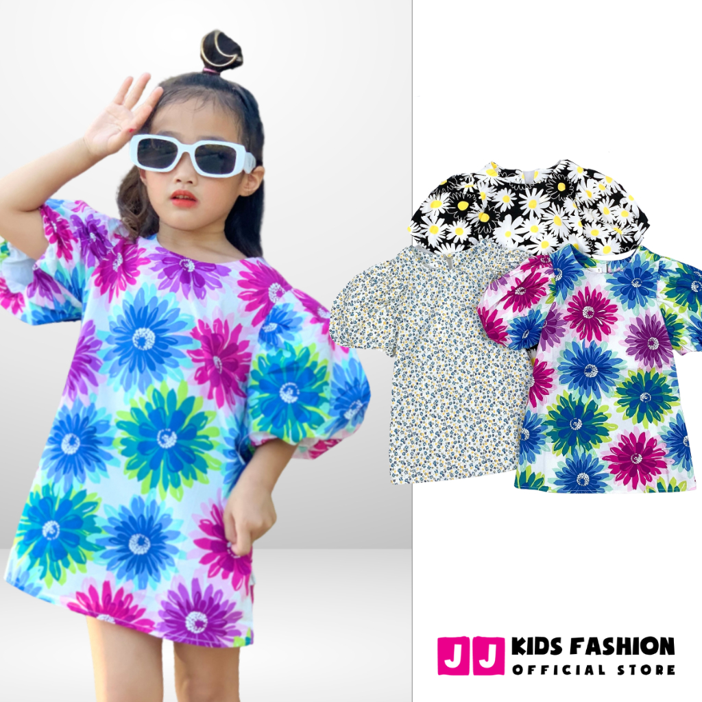 Váy cho bé gái thiết kế hoa cúc tay phồng chất vải kate - JJ Kids