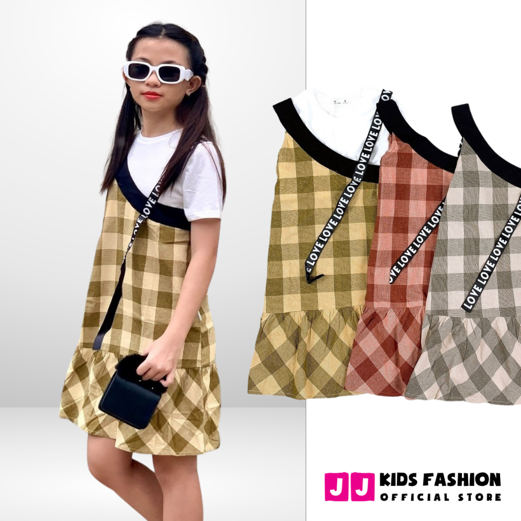 Váy mùa hè cho bé gái JJ Kids, thiết kế yếm sọc caro thời trang cao cấp cho trẻ em từ 5 đến 12 tuổi