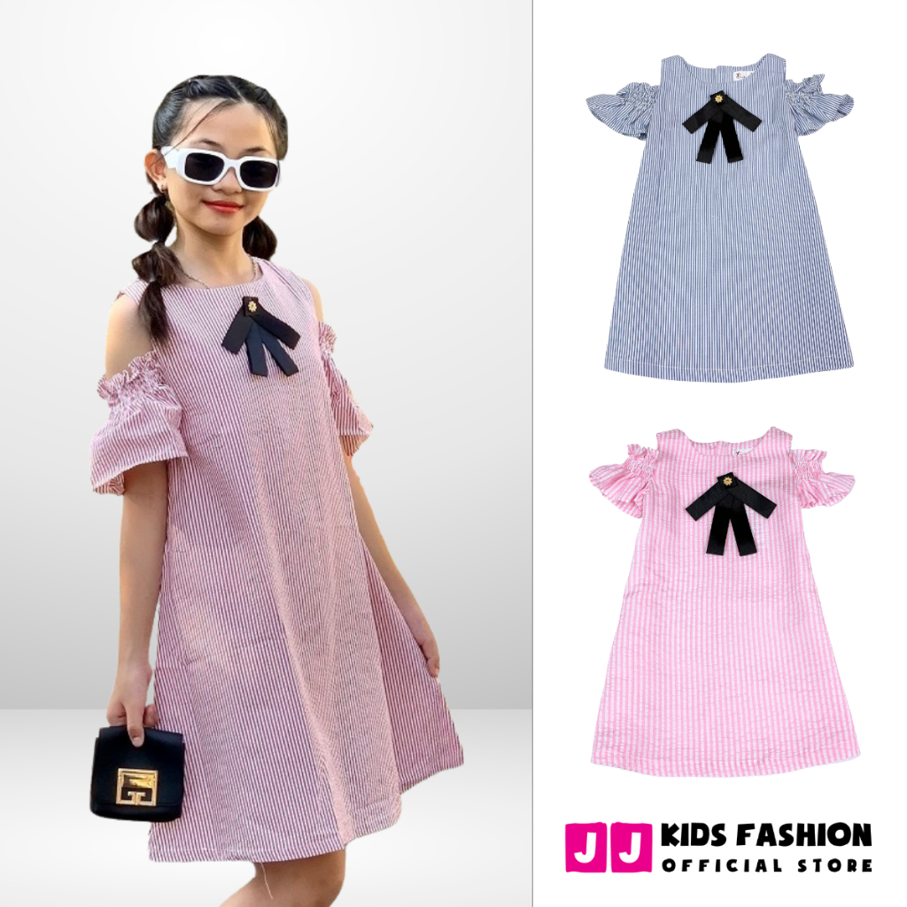 Váy cho bé gái thiết kế rớt vai sang trọng kẻ sọc nhiều màu [FREESHIP EXTRA] - JJ Kids Fashion