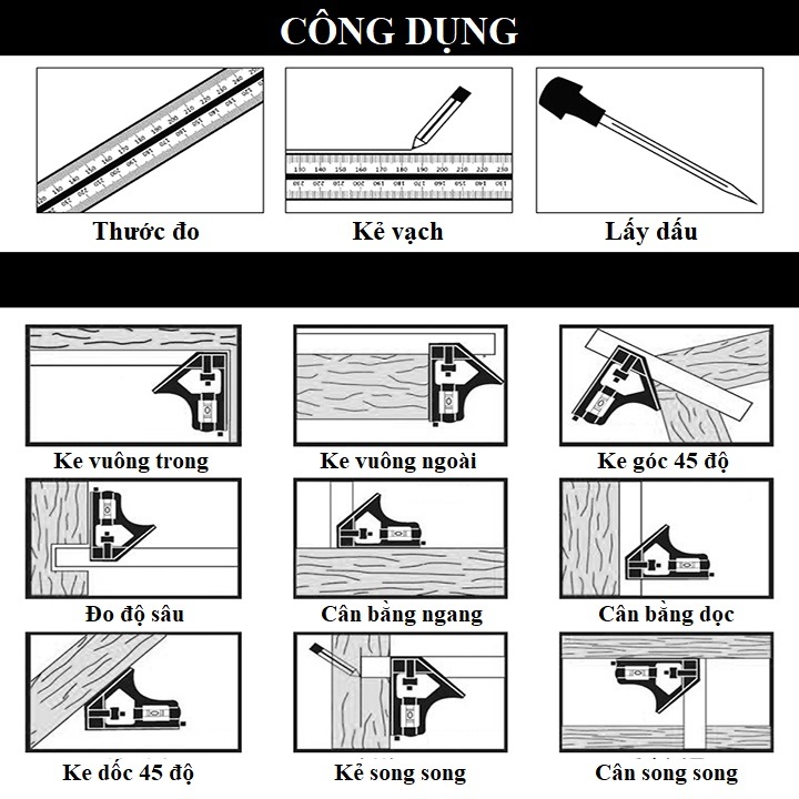 Thước đo góc đa năng dài 30cm , thước đa năng có nivo , thước ke góc vuông