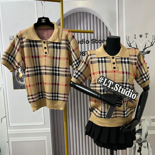 Áo len cổ bẻ polo hoạ tiết kẻ nâu siêu sang, len mongtoghi freesize 550