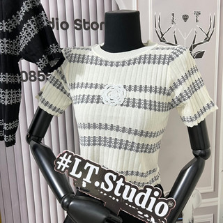 Áo len ôm cộc tay cổ tròn, hoạ tiết bông hoa thêu kiểu kẻ sọc ngang free size 559