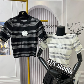 Áo len ôm cộc tay cổ tròn, hoạ tiết bông hoa thêu kiểu kẻ sọc ngang free size 559