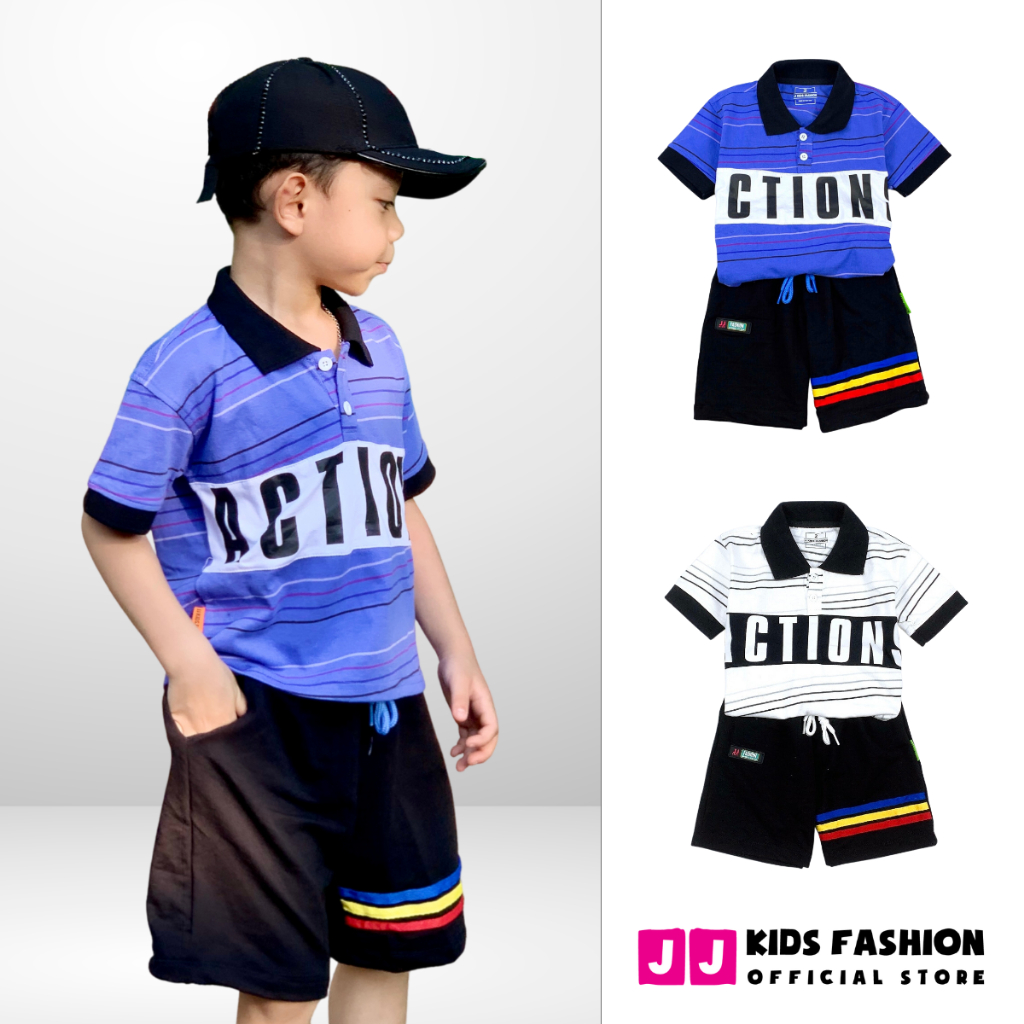 Bộ Polo bé trai JJ Kids, set áo thun polo cotton sọc in hình cá tính cho trẻ em 2 đến 12 tuổi