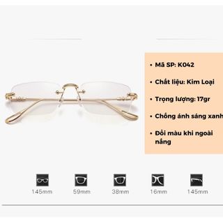 Kính đổi màu không gọng cao cấp thời trang hàn quốc, Mắt kính mát không độ chống ánh sáng xanh K042