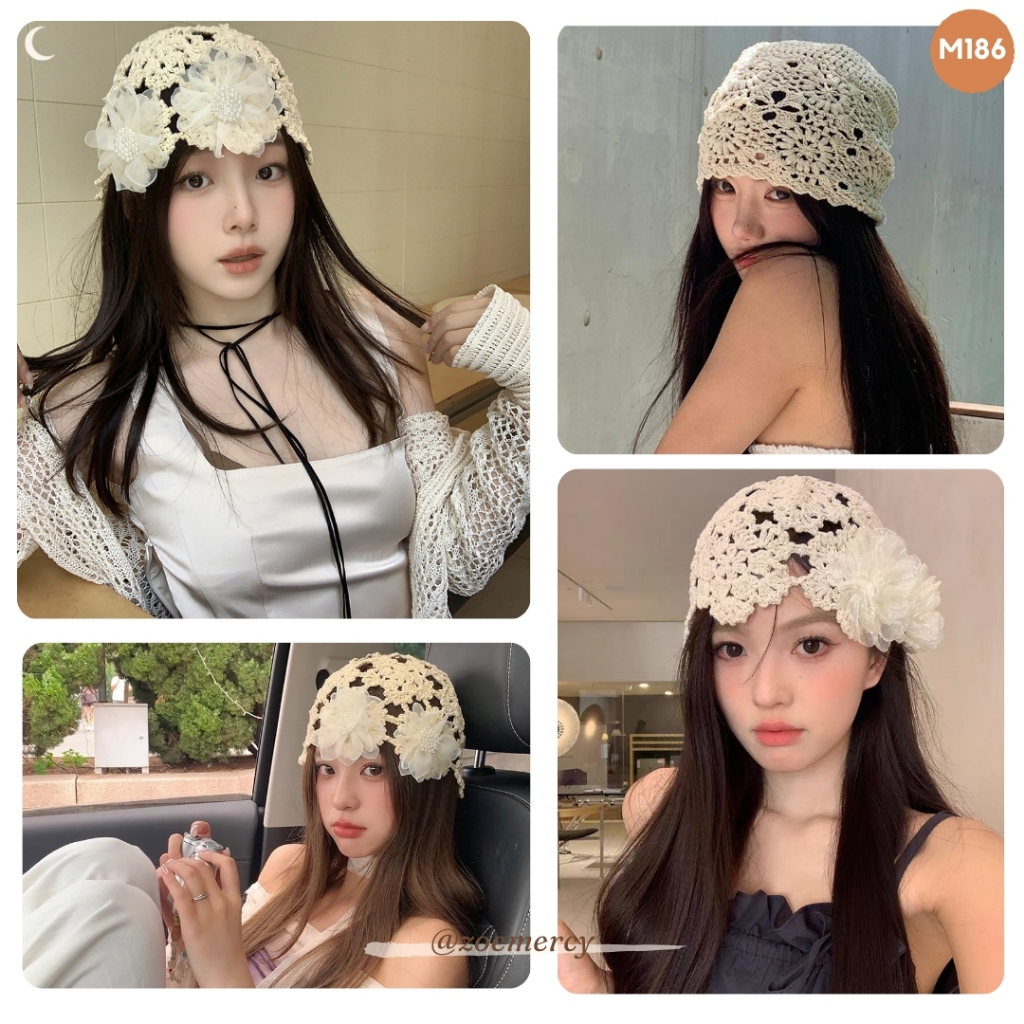 [SẴN]-🍊 Mũ trùm đầu len móc gắn hoa ren thời trang phong cách Nhật Bản (M186)-P1
