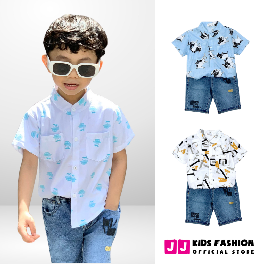 Bộ cộc tay sơ mi cho bé trai thời trang họa tiết dễ thương, thoáng mát - JJ Kids