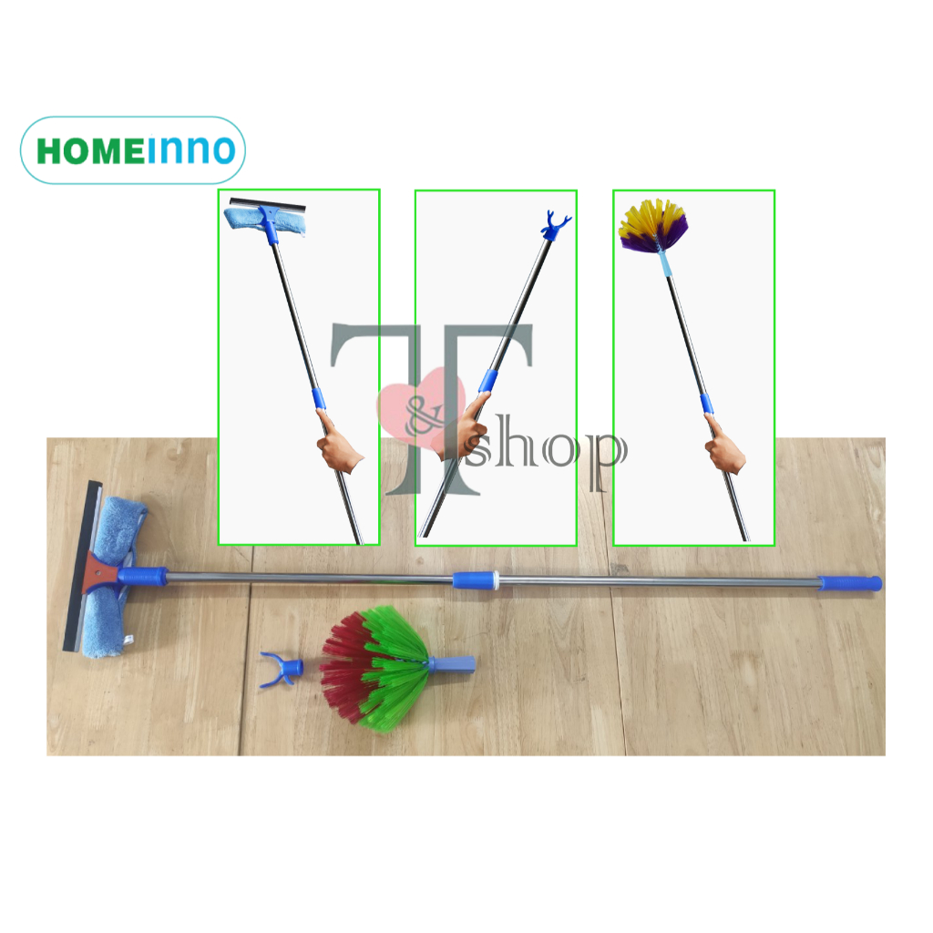 Bộ Cây Lau Kính + Gạt Nước Kiếng + Quét Mạng Nhện + Móc Lấy Đồ Trên Cao Homeinno Cán Dài 1m4, 2m, 3m, 4m, 5m