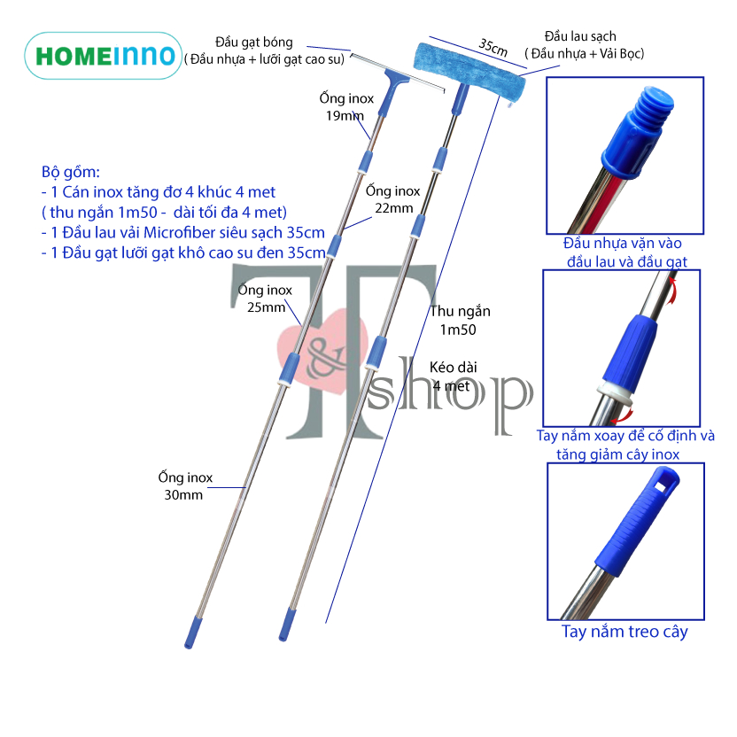 Bộ Cây Lau Kính, Gạt Kính Cán Tăng Đơ Thu Ngắn 1,35m - Kéo Dài 4m Homeinno