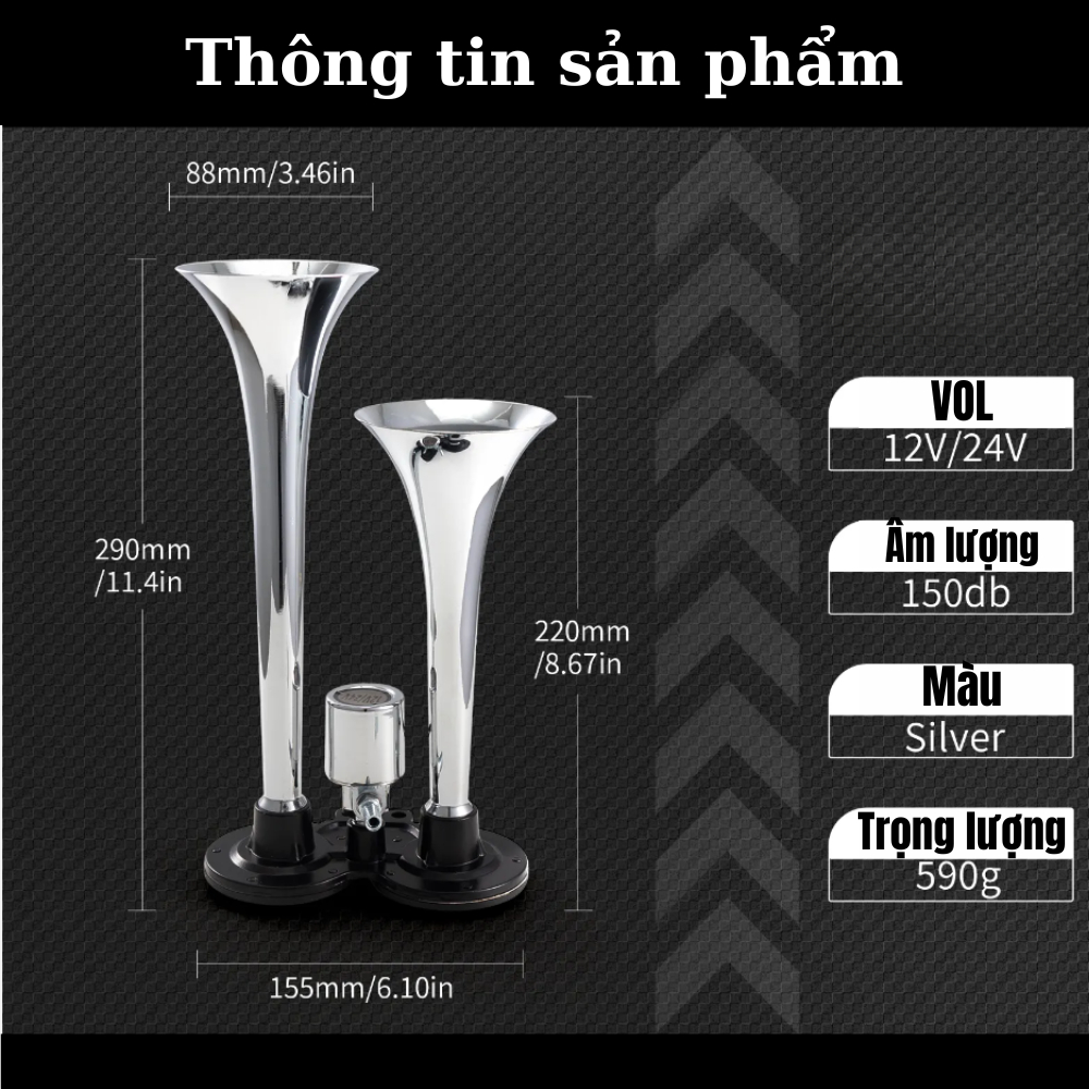 Còi Hơi/Kèn Xe Ben/ Còi Xe Ben/ Kèn Hơi 2 Loa Trắng - AutoVol 12/24V Dành Cho Xe Ô Tô, Tải 150dB