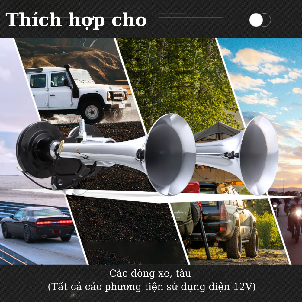 Còi Hơi/Kèn Xe Ben/ Còi Xe Ben/ Kèn Hơi 2 Loa Trắng - AutoVol 12/24V Dành Cho Xe Ô Tô, Tải 150dB