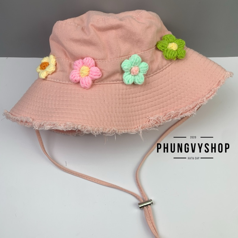 < CÓ Size MẸ và BÉ > Mũ bucket tai bèo vành tua rua rách unisex nam nữ phungvyshop-nón / BO Tua Bốn Cục Hoa len /