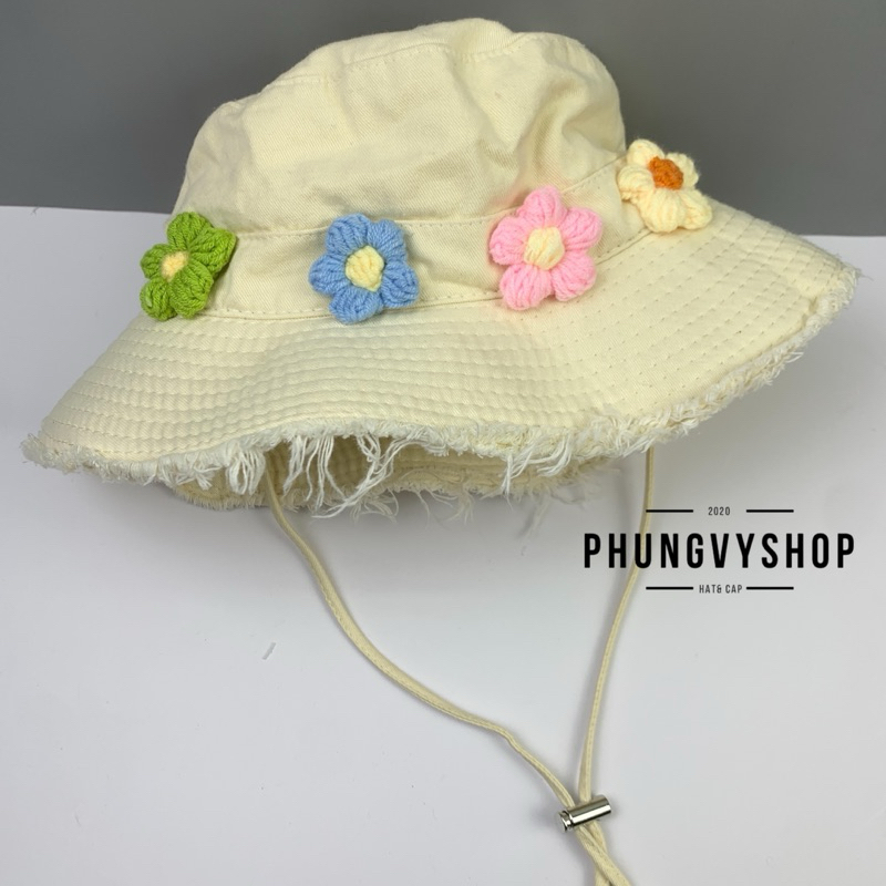 < CÓ Size MẸ và BÉ > Mũ bucket tai bèo vành tua rua rách unisex nam nữ phungvyshop-nón / BO Tua Bốn Cục Hoa len /