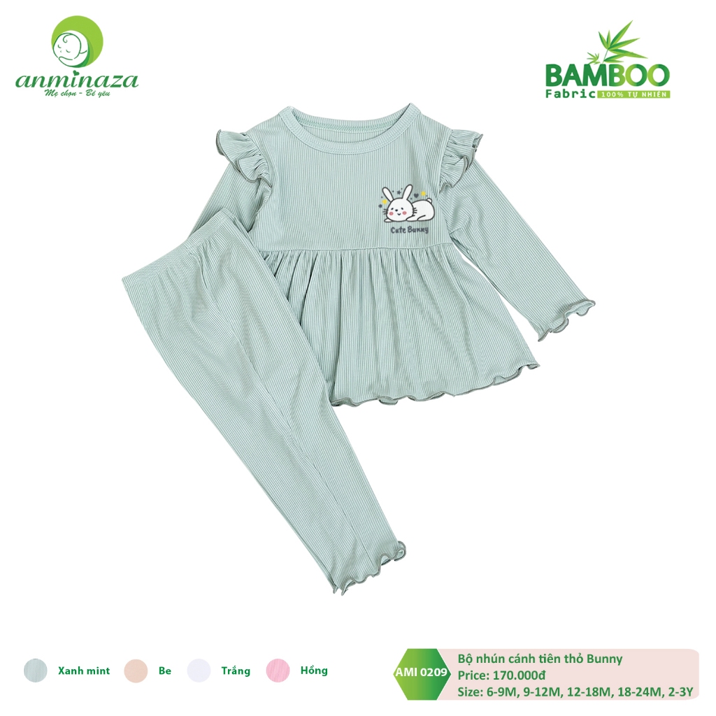 Bộ Dài Tay Bé Gái Thỏ Bunny Vai Cánh Tiên Vải Tăm Tre Co Dãn Và Mềm Mại - Hàng Chính Hãng MIN0209