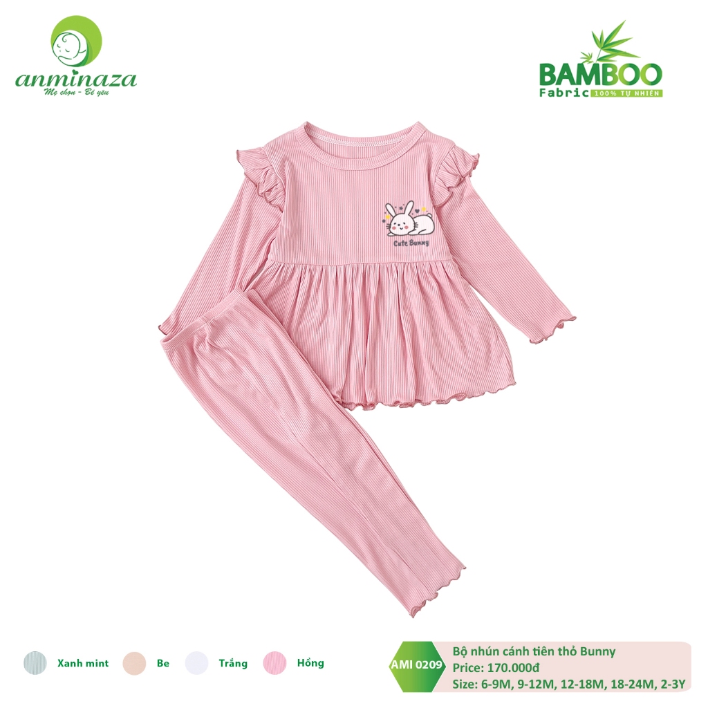 Bộ Dài Tay Bé Gái Thỏ Bunny Vai Cánh Tiên Vải Tăm Tre Co Dãn Và Mềm Mại - Hàng Chính Hãng MIN0209
