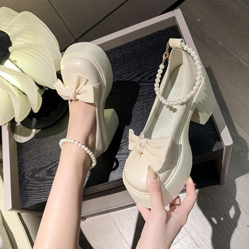 Giày búp bê Lolita nữ đế cao quai ngọc, mũi nơ tròn xinh xắn G088 - NTShoes