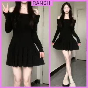 Đầm Body Dài Tay Trễ Vai RANSHI Thiết Kế Váy Xếp Ly Hack Dáng Style Hàn Quốc Chất Thun Cotton Mềm Mát