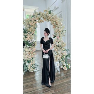 Đầm dạ hội thiết kế tay phồng ngực đính ngọc cách điệu cao cấp tko