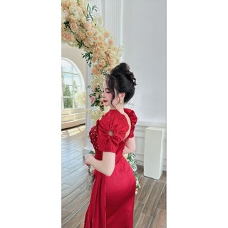 Đầm dạ hội thiết kế tay phồng ngực đính ngọc cách điệu cao cấp tko