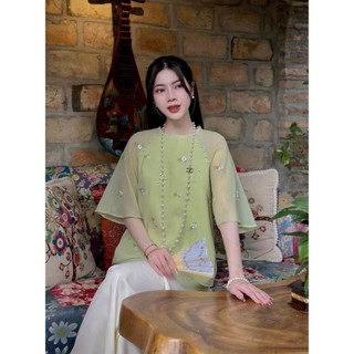 Set bộ lam đi chùa áo voan tơ cổ tròn tay lở họa tiết bông hoa quần dài phi lụa sang trọng màu sắc tươi sáng