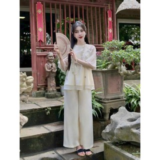 Set bộ lam đi chùa áo voan tơ cổ tròn tay lở họa tiết bông hoa quần dài phi lụa sang trọng màu sắc tươi sáng