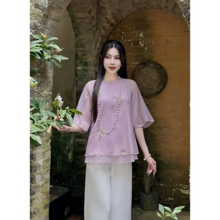 Set bộ lam đi chùa áo voan tơ cổ tròn tay lở họa tiết bông hoa quần dài phi lụa sang trọng màu sắc tươi sáng