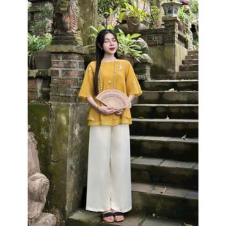 Set bộ lam đi chùa áo voan tơ cổ tròn tay lở họa tiết bông hoa quần dài phi lụa sang trọng màu sắc tươi sáng